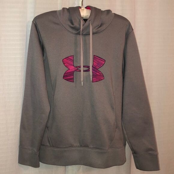 UA M Silver Gray Fuchsia Pink Kangaroo Pocket Terry Cloth Inner Hoodie - Picture 1 of 12